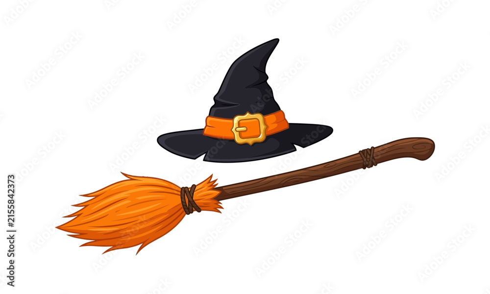 Fototapeta premium A cartoon style illustration of a black witch hat with an orange band and a wooden broomstick