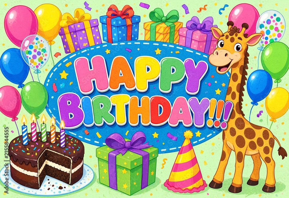 Naklejka premium Happy birthday greeting card with cute giraffe and cake