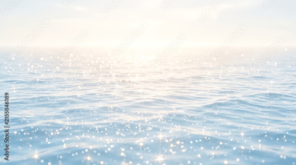 Naklejka premium 輝く水面と広がる青い海、太陽の光が反射する穏やかな水辺の風景、夏のバケーションやリフレッシュメントに最適な背景素材