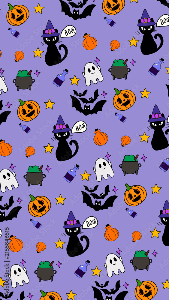 Fototapeta premium Halloween seamless pattern purple background witch cat ghost pumpkin vertical. Mobile wallpapers, social media stories, gift wrap, and fabric prints.