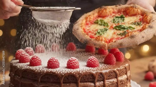 Close-up of a baker dusting powdered sugar over a layered cake with fresh raspberries
