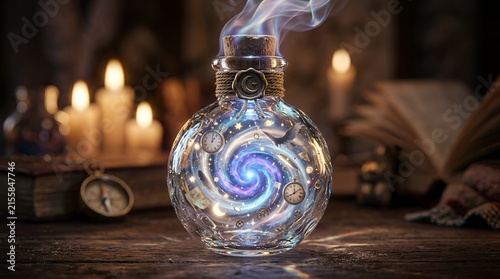 Glowing magic potion bottle with swirling galaxy and clock