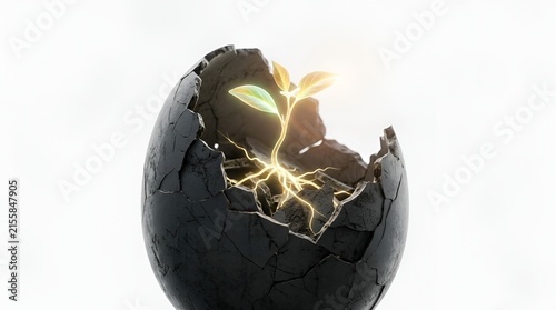 Glowing young plant sprouting from broken black cracked egg
