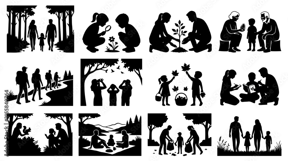 Fototapeta premium Collection of black and white silhouettes depicting families engaging in nature activities, gardening, hiking, and learning about the environment