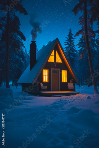 A cozy wooden frame cabin glows warmly in a snowy forest at night. Cozy winter wilderness scenery, wooden cottage architecture layout, modern hygge lifestyle.