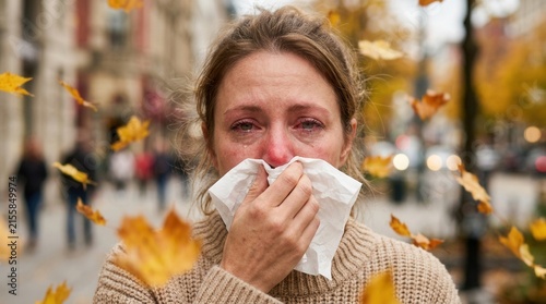 Autumn allergies causing red eyes and runny nose for a woman blowing nose with tissue in the city