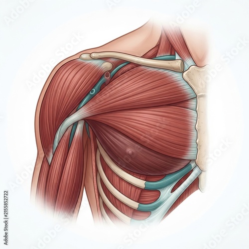 Detailed depiction of muscle anatomy showing major and minor muscle groups related to sports injury in the upper body region.