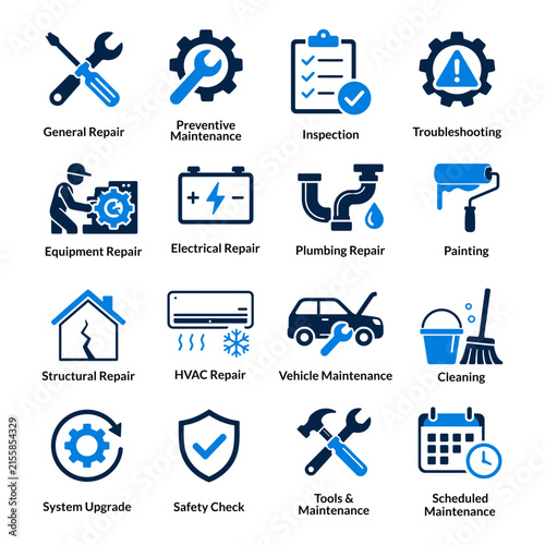Repair and Maintenance Service Icon Set with Inspection, Troubleshooting, Electrical, Plumbing and Vehicle Maintenance