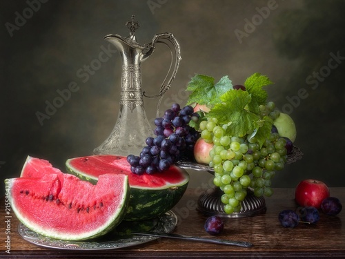 Still life with grapes and watermelon