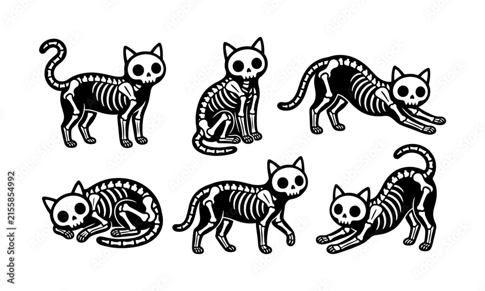 Obraz premium Collection of playful black and white skeleton cat illustrations in various dynamic poses and positions