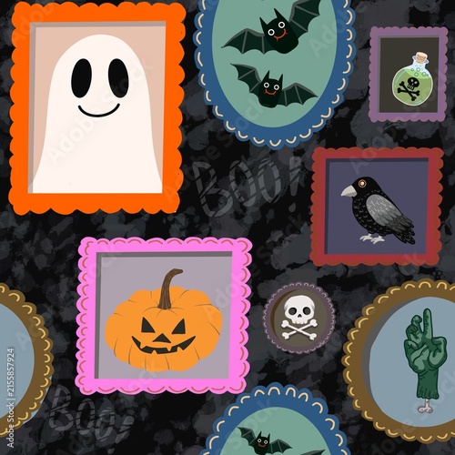 Spooky Halloween Seamless Pattern with Cute Framed Monsters, Ghosts, and Pumpkins
