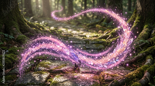 Glowing pink magical energy swirling over mossy forest stone path in an enchanting fantasy woodland setting