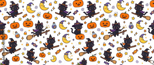 Cute Black Cats Flying Broomsticks Halloween Pattern