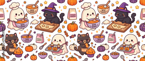 Cute Kawaii Halloween Characters Baking Together Seamless Pattern