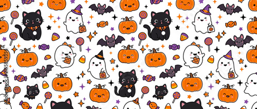 Cute Halloween Pattern with Black Cats, Ghosts, and Pumpkins