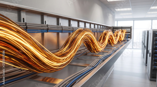 Shiny copper glowing fiber optic cables running through industrial server room racks with metallic grey frames