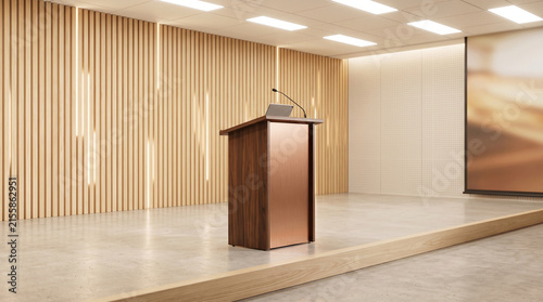 Wooden podium stand with microphone placed inside modern bright conference hall with warm wood slat wall