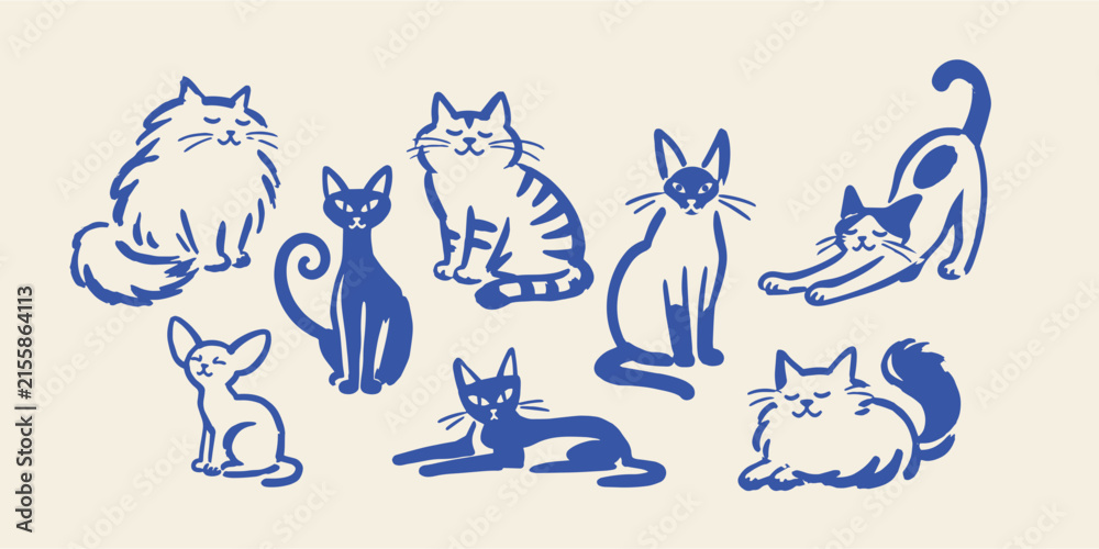 Fototapeta premium Cats in Different Poses Naive Style Illustration Set