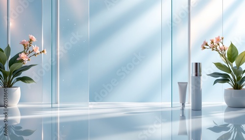A modern, minimalist bathroom interior. The dominant feature is a sleek glass shower enclosure with a dark glass floor, reflecting light and giving an illusion of depth