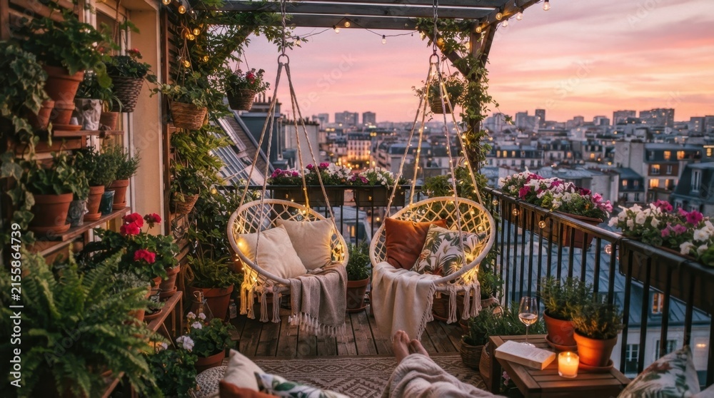 Fototapeta premium Cozy balcony oasis with hanging chairs and city view at sunset