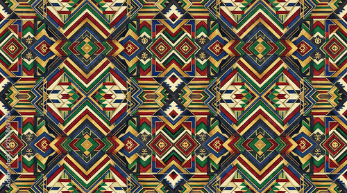 Intricate geometric fabric pattern with vibrant red blue gold and green colors for textile design.