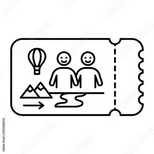 Minimalist travel ticket icon, outline vacation pass with people and mountains, simple adventure tourism line art