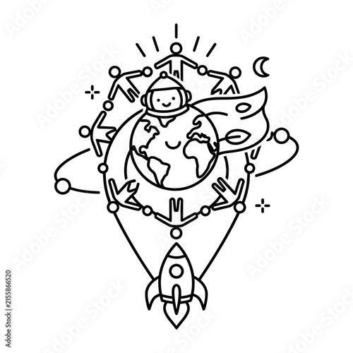 Minimalist line art earth illustration, global community people holding hands, cute astronaut and rocket space concept