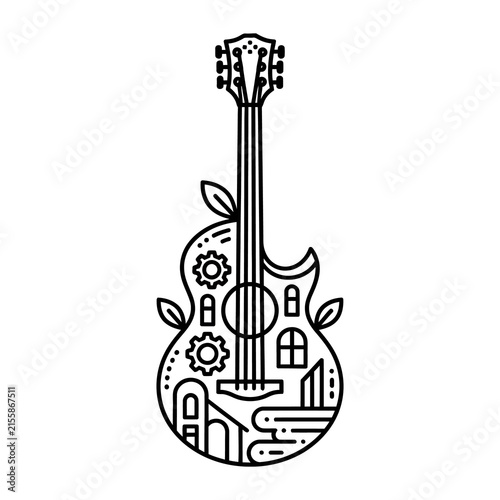 Minimalist guitar line art icon, acoustic guitar with industrial gear and leaf details, creative musical instrument logo design