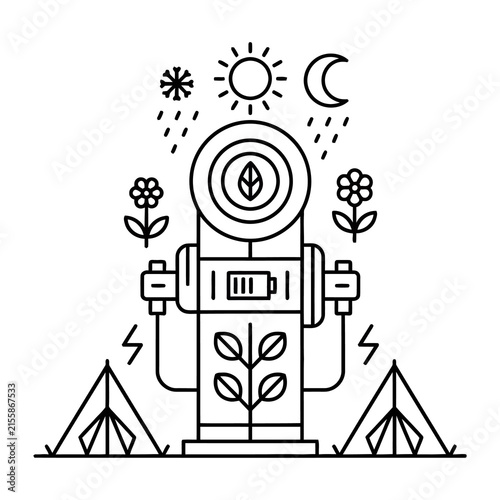 Minimalist eco charging station icon, sustainable energy power hub for camping, green battery technology line art illustration