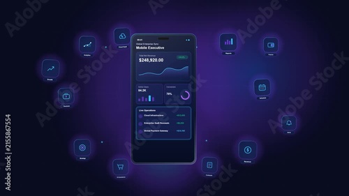 Futuristic Mobile Financial Dashboard Interface with Floating Data Icons and Analytics.