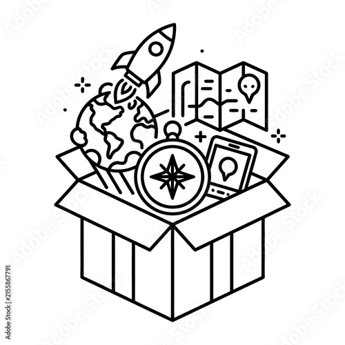 Minimalist travel icon set in cardboard box, rocket and globe adventure concept, line art navigation and exploration elements