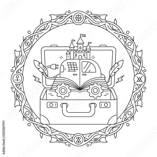 Mystical line art illustration of a suitcase, fantasy travel concept with castle and electric car, occult style coloring page