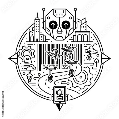 Steampunk pet wheelchair illustration, winged mobility aid for disabled animals, mechanical veterinary equipment icon with paw print