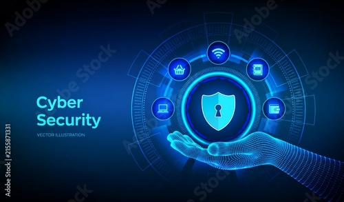 Cyber security protection shield in a futuristic digital hand illustration