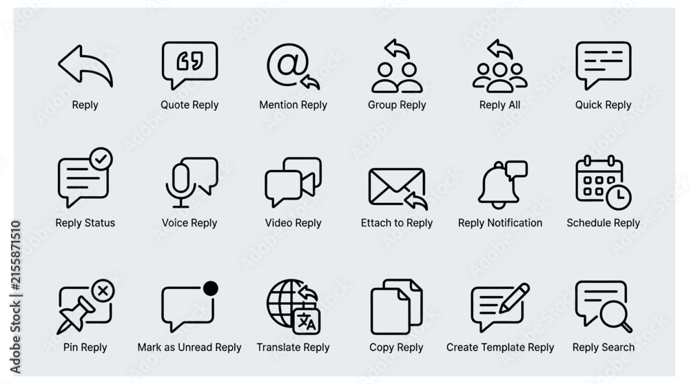Fototapeta premium Email and message reply icons for communication systems, showing actions like reply all, quote reply, and pin message options.