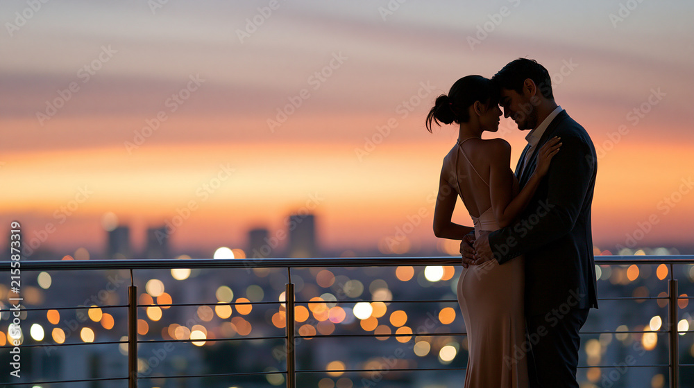 Fototapeta premium Silhouette of a couple standing on a balcony overlooking a city skyline at dusk, faceless composition, romantic travel lifestyle, with copy space
