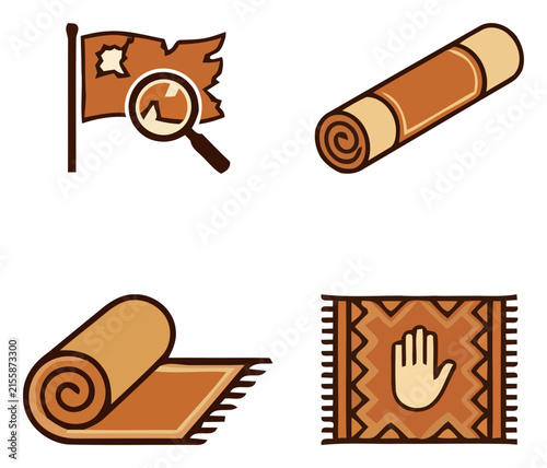 Vintage carpet icons set, antique rug and textile vector collection, ancient scroll and tattered flag symbols, brown ethnic fabric elements