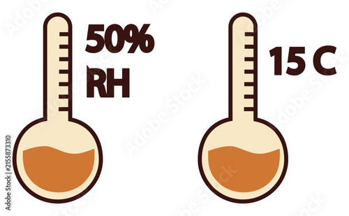 Minimalist thermometer icons showing 50% RH humidity and 15 C temperature. Flat vector climate indicators for weather and storage monitoring.