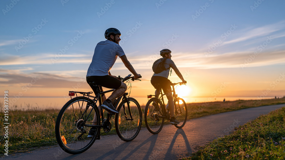 Fototapeta premium Silhouette of a couple cycling together along a countryside path, faceless composition, active healthy lifestyle, with copy space