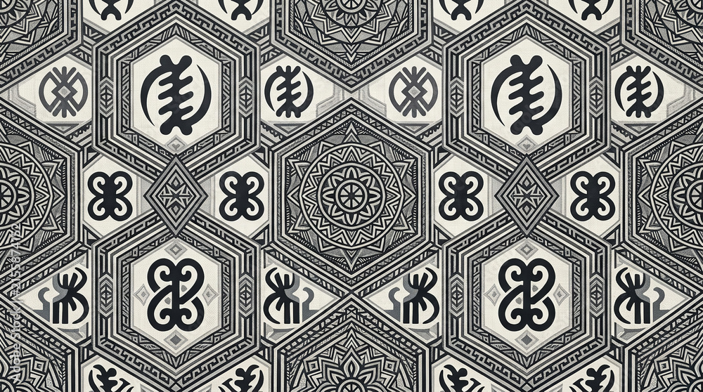 Adinkra symbols pattern creates a traditional african background for various design projects.