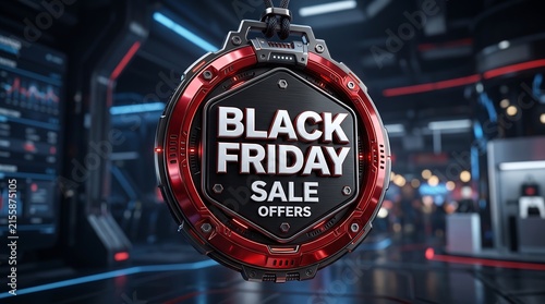 Futuristic Red Gear Badge Showcasing Black Friday Offers