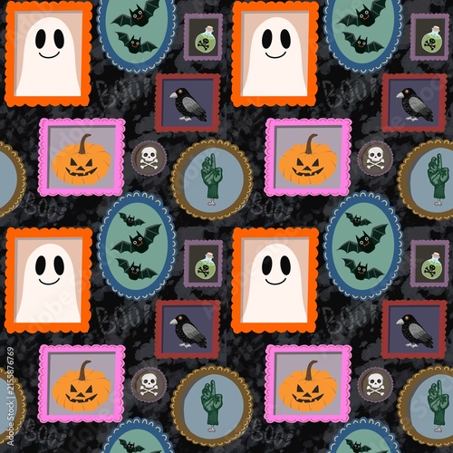 Spooky Halloween Seamless Pattern with Cute Framed Monsters, Ghosts, and Pumpkins