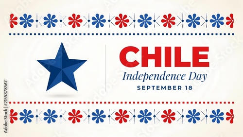 Chile independence day celebration banner with blue star and red and blue flower pattern for the eighteenth of september