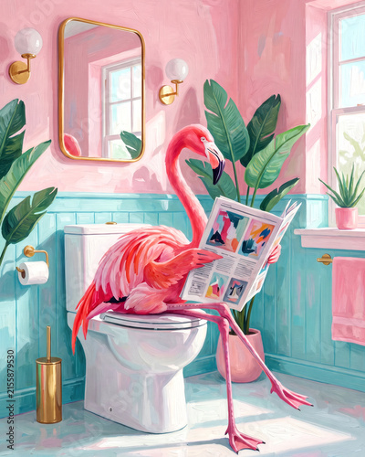 A pink flamingo sitting on a toilet, reading a magazine in a vibrant bathroom setting.