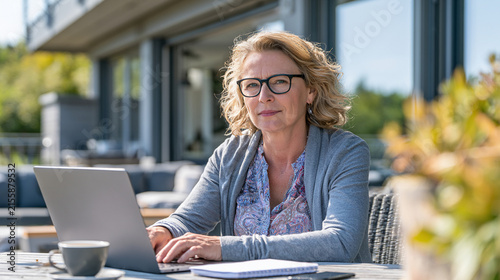 Mature woman working on a laptop on a terrace