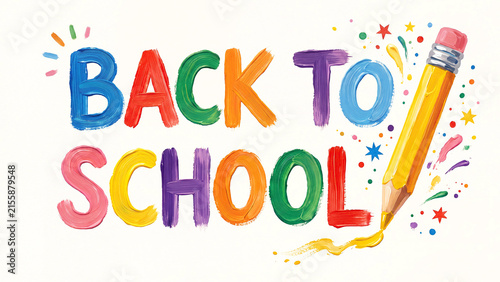 A vibrant back-to-school illustration featuring colorful letters and a pencil.