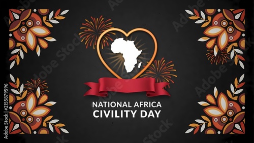 National africa civility day greeting card with a heart shape containing the continent map and decorative floral corners