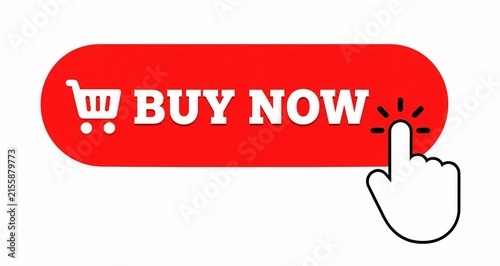Red shopping button with cart icon and finger pressing buy now text