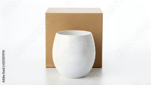 White ceramic flower pot in front of a brown cardboard box isolated on white background
