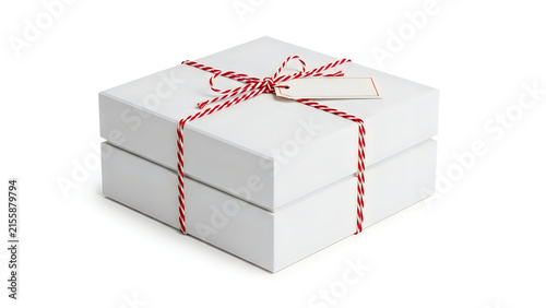 White gift box with red and white twine string and tag isolated on white background